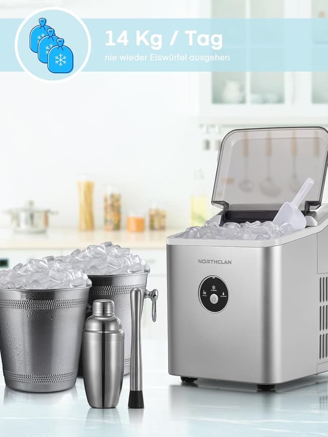 Detalle de Eiswürfelmaschine 14 kg/24 Stunden (9 Eiswürfel in 6–8 Minuten) mit LED-Display & Schaufel – Ice Maker für Zuhause und Büro