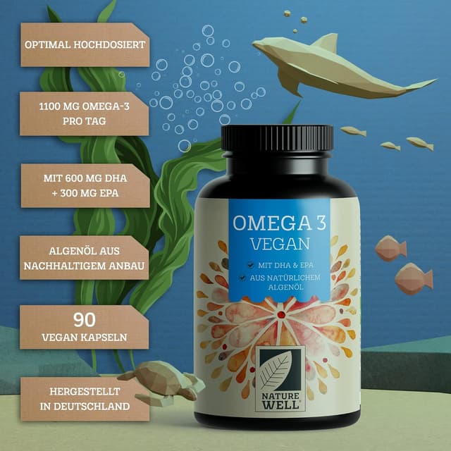 Detalle de NatureWell Omega-3 Vegan 90 Kapseln (hochdosiert) – 2000 mg Algenöl pro Tag mit 600 mg DHA & 300 mg EPA