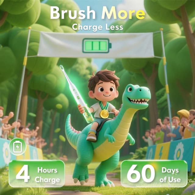 Thumbnail 6 de Dada-Tech Kids Electric Toothbrush (Dinosaur White) – Rechargeable with 2-Minute Timer, 3 Modes & Reward Stickers