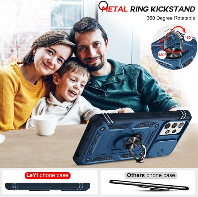Thumbnail 6 de LeYi Military Camera Cover Slider Case for Samsung Galaxy A52 5G/A52S with 2 Tempered Glass + Ring Stand (Dark Blue)