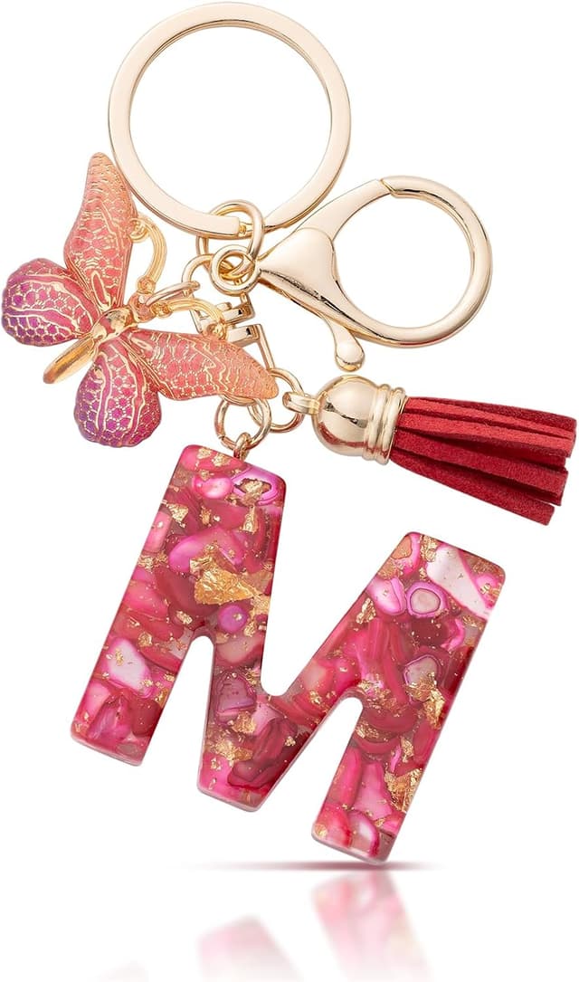 Detalle de MORSUNBELA Schlüsselanhänger mit Buchstabe, Schmetterling & Quaste – personalisiert als Geschenk für Mädchen und Frauen