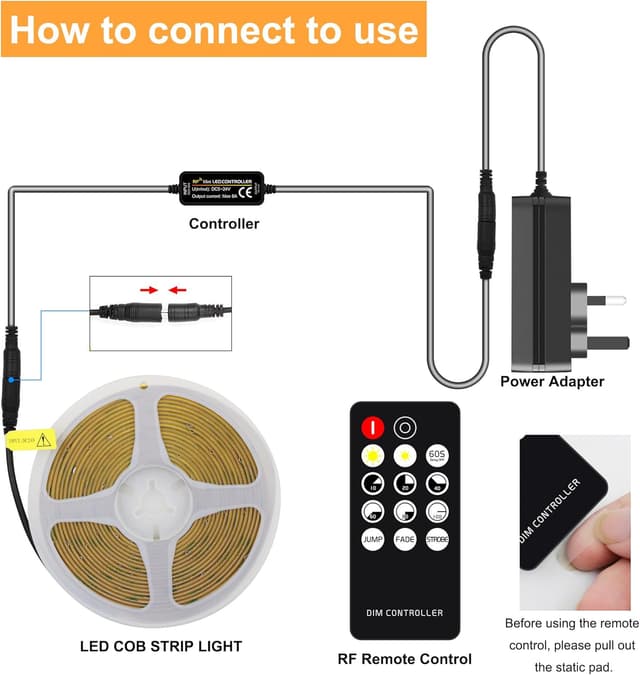 Detalle de AXMOTUT COB LED Strip Lights 5m (2700K) with RF Remote and UKCA Power Supply