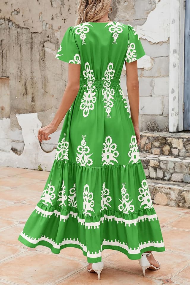 Detalle 2 de PRETTYGARDEN Womens 2026 Summer Boho V-Neck Maxi Dress with Pockets, Tiered Floral A-Line Bell Sleeves