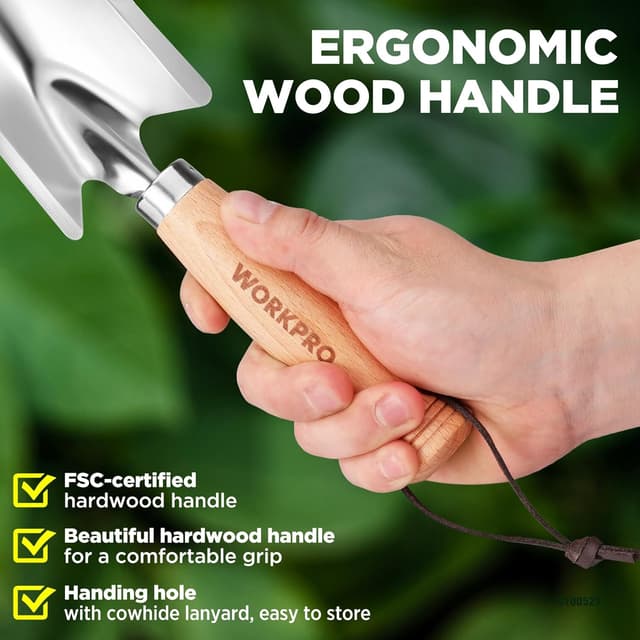 Detalle de WORKPRO WORKPO Paletta da giardino piccola da 28 cm in acciaio inox, con manico in legno