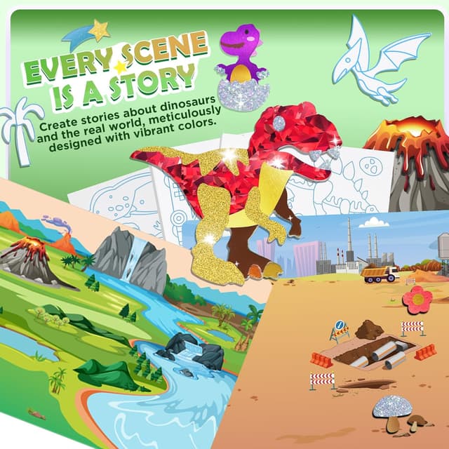 Detalle de URMYWO Folienspaß Kinder: 2-in-1 Kreativ-Folie & Malpapier mit Dinosauriern und Weltraum