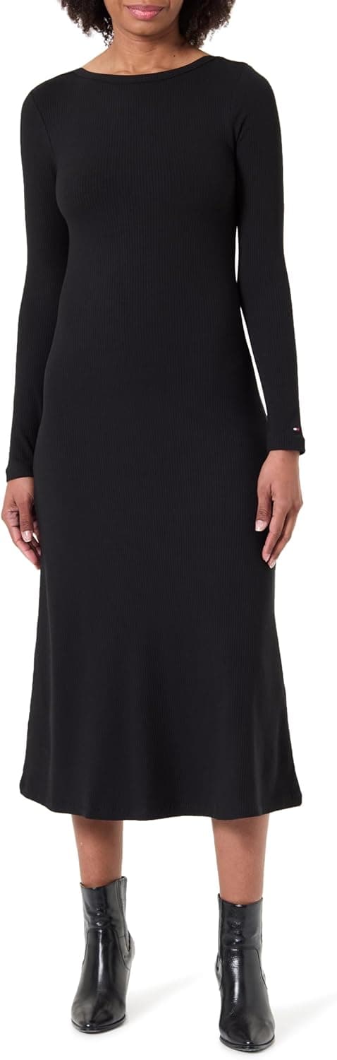 Detalle de Tommy Hilfiger women’s ribbed midi fit & flare dress with boat neckline, Black, XL