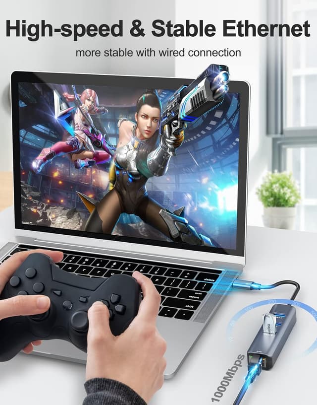 Detalle 2 de ABLEWE USB-C to Ethernet Adapter (4-in-1) with RJ45 Gigabit LAN + USB 3.0 Ports