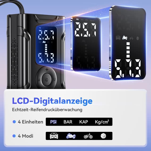 Detalle de Kabellose elektrische Luftpumpe (Akku-Kompressor) für Fahrrad, Auto und Motorrad – 150 PSI, digital mit Sensor
