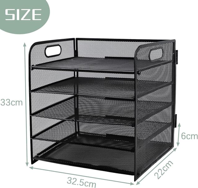 Detalle de Paper Letter Tray with Handle (5-Tier Metal Mesh) A4 Desk File Organiser in Black