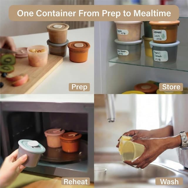 Detalle 2 de Moonkie 6er-Set Babybrei-Einfüll- und Einfrierbehälter aus Silikon (120 ml) – auslaufsicher für Gefrierfach & Mikrowelle