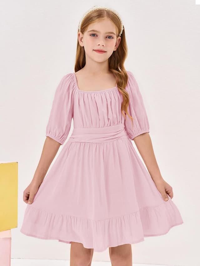 Detalle 2 de Girls Square Neck A-Line Dress for Summer
