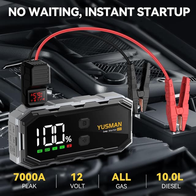 Detalle de YUSMAN Jump Starter Power Pack 7000A 12V with LCD Display, Quick Charge 3.0 & LED Light