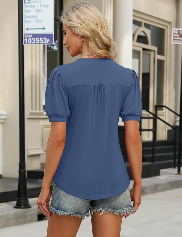 Detalle de Rapbin Damen Bluse mit V-Ausschnitt und Knopfleiste – T-Shirt Tunika mit Kurzarm für Sommer