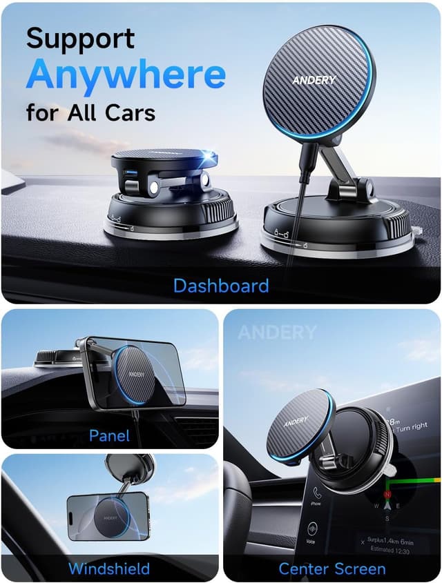 Detalle de ANDERY Magsafe Car Mount 15W Wireless Charger