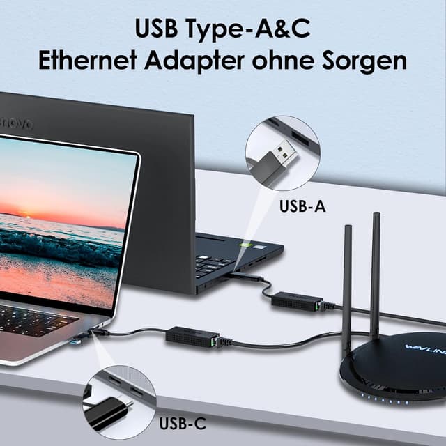 Detalle de WAVLINK USB‑C zu 2,5G Ethernet Adapter (RJ45) – USB‑A & USB‑C LAN, für Windows & macOS