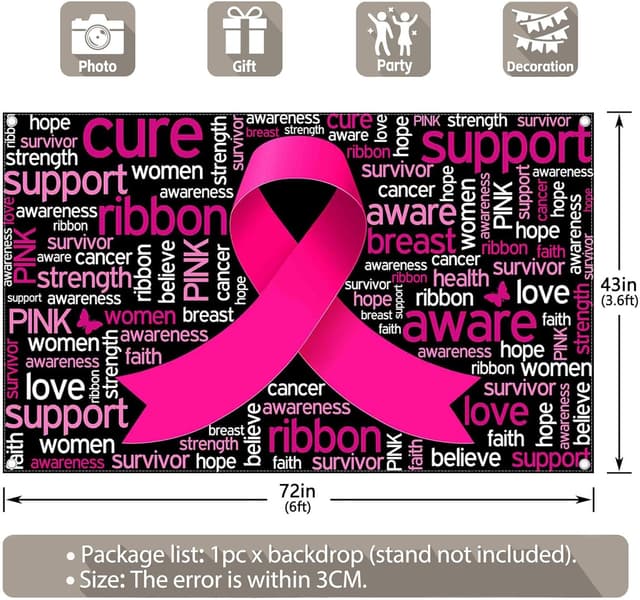 Detalle de Luminora 72x43inch Breast Cancer Awareness Pink Ribbon Backdrop Banner