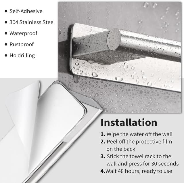 Detalle de Gsocel porta asciugamani a braccio adesivo in acciaio inox da parete, 39 cm, argento