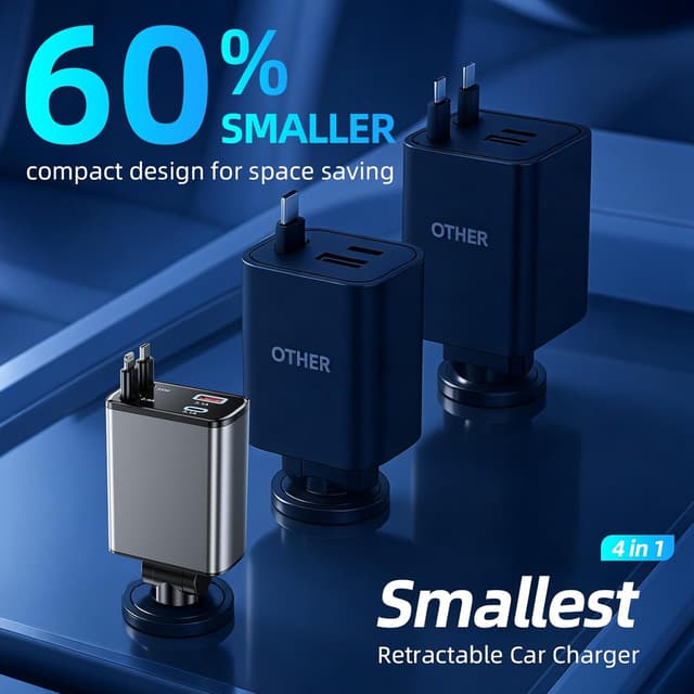 Detalle 2 de 78W 4 in 1 caricatore auto USB-C retrattile con PD 3.0 e QC3.0