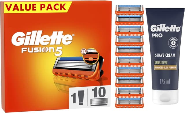 Detalle de Gillette Fusion5 razor refills for men with Pro shaving cream (175ml) – 10 blade refills plus precision trimmer