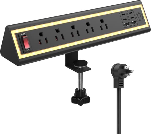 Detalle de NYYTGE Desk Clamp Power Strip with Nightlight, 5-Outlet 40W Fast Charging (6ft Cord) — Fits 1.69-Inch Table Edges