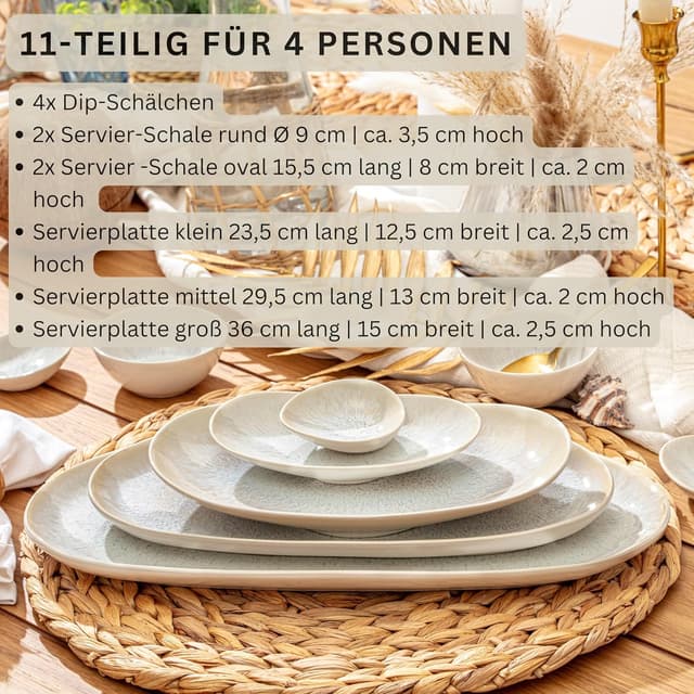 Detalle de SÄNGER Servierplatten Korfu 11- tlg. Set: Steingut Geschirrset mit Dip-Schalen & Servierplatten (cremefarben, spülmaschinenfest)