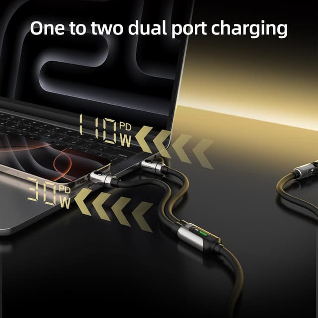 Detalle de MFish 140W Smart 2-in-1 USB-C Charging Cable with LED Power Display (PD 3.1, Split Charging)