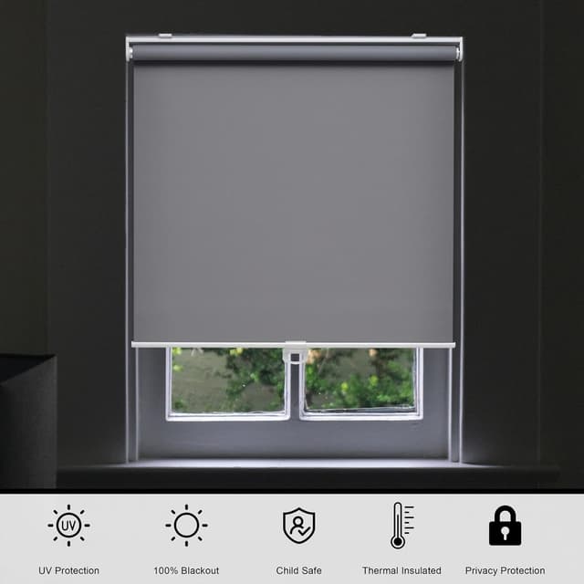 Detalle de Sunoff Cordless Blackout Roller Shades (28" W x 72" H) — Grey, Thermal Insulated, Easy Install