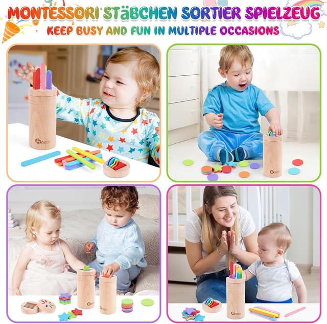 Detalle 2 de FCSONU Montessori Steckspiel aus Holz (3-in-1) ab 1 Jahr, Sortierspiel mit Formen und Farben