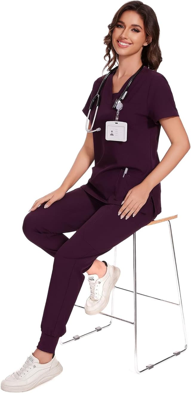 Detalle 2 de COZYFIT Women’s V-Neck Scrub Top & Cargo Pants Set with 10 Pockets