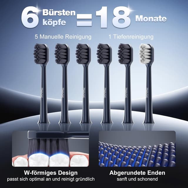 Detalle 2 de Elektrische Schallzahnbürste (leise) mit 3 Intensitäten, 5 Modi, Timer und IPX7 – 40.000 vpm, 180 Tage Akkulaufzeit, Blau