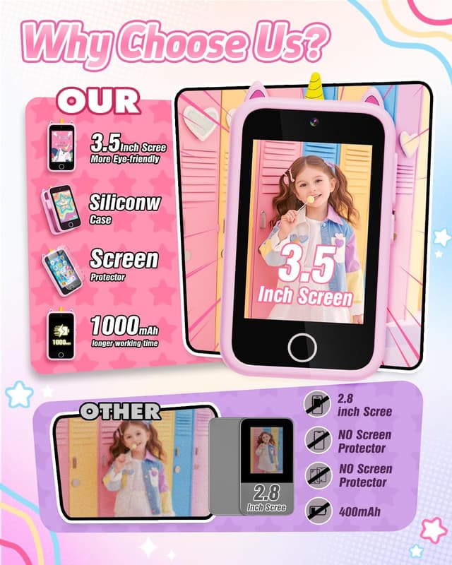 Detalle de Kids Smart Phone Unicorn Toy Phone (3.5") for Girls 3–9+ with Dual Camera, Storytelling, Music Player