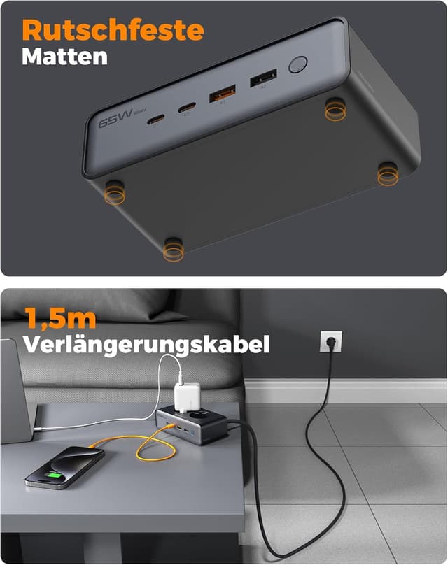 Detalle 2 de TESSAN Mehrfachsteckdose mit USB 6-in-1 (Überspannungsschutz, 4000 W, GaN PD 65 W, 1,5 m)
