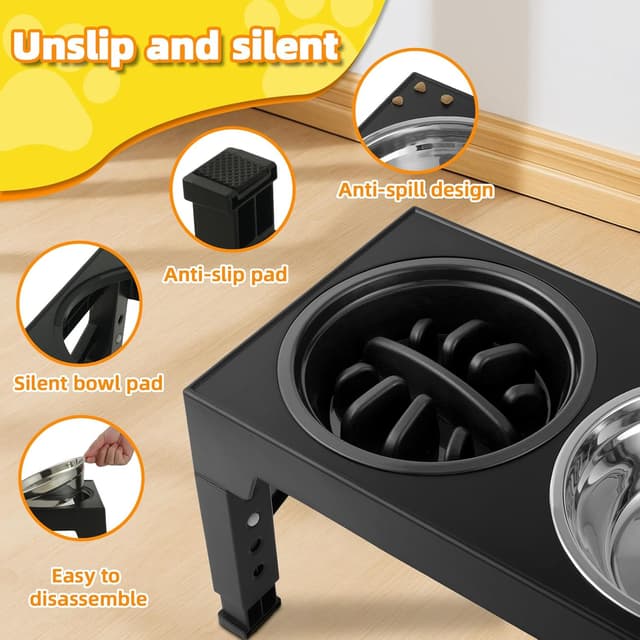 Detalle 2 de Ciotole per cani Rialzate regolabili con 2 ciotole in acciaio inox (1200 ml) e 1 anti-ingozzo (800 ml) + base antiscivolo