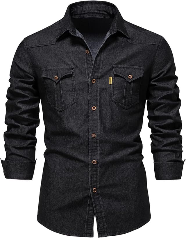 Detalle de Morbuy men’s denim shirt jacket (regular fit) in black with pockets