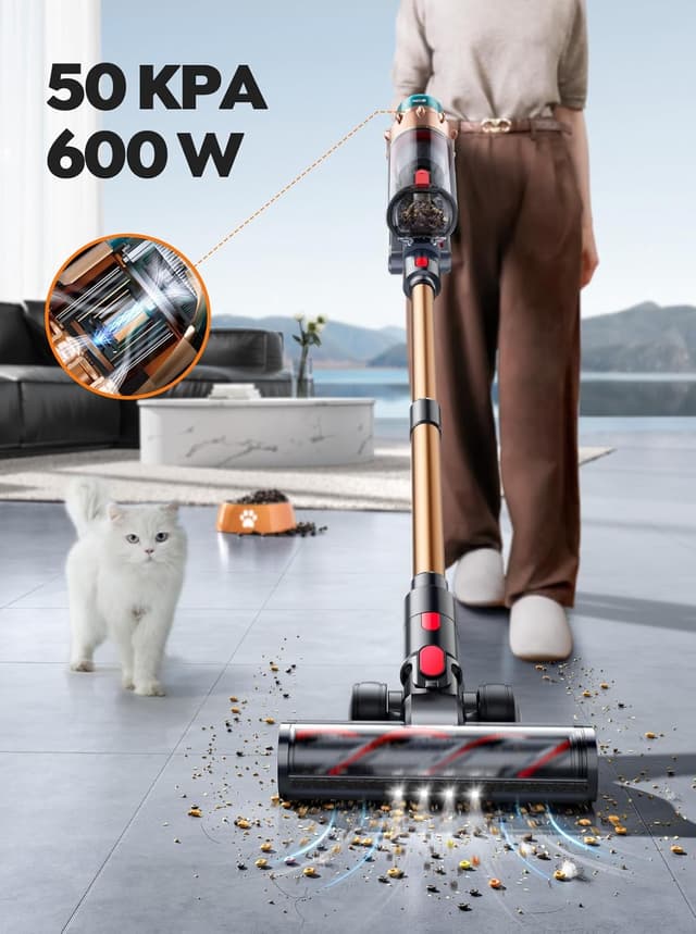Detalle de SMOTURE VAC01 Aspirateur balai sans fil 600 W, succion 50 KPa, écran tactile et brosse matelas