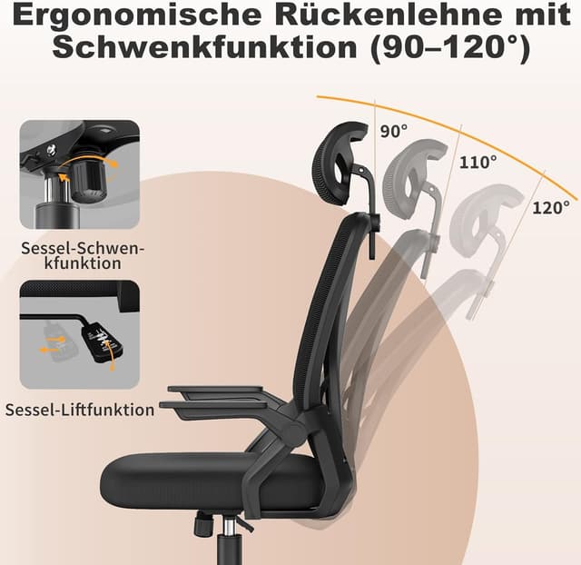 Detalle de naspaluro Ergonomischer Bürostuhl mit 90° klappbaren Armlehnen, Mesh-Polster und verstellbarer Kopfstütze (Schwarz)