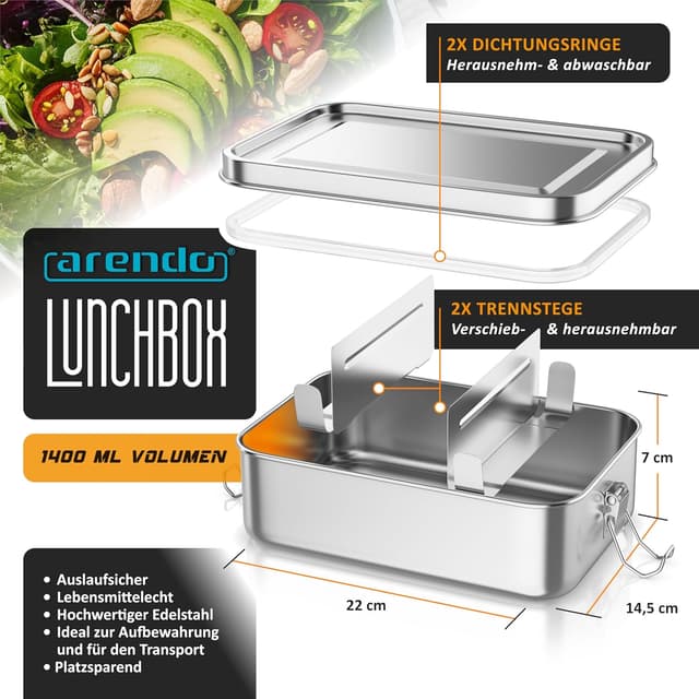 Detalle 2 de Arendo Lunchbox aus Edelstahl 1.400 ml mit Fächern und Silikondichtung – auslaufsicher