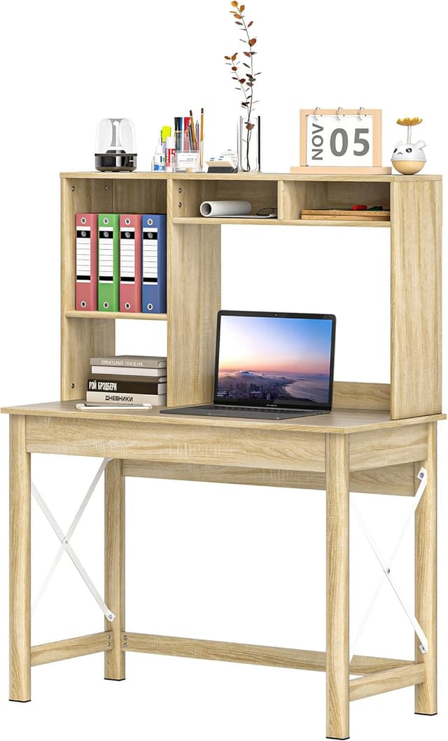 Detalle de HOMCOM Bureau avec rangement et bibliothèque intégrée (105 x 50 x 137,5 cm) aspect chêne