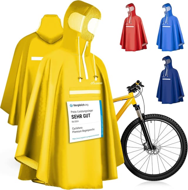 Detalle de CYCLEHERO Regenponcho fürs Fahrrad extra wasserdicht mit Reflektoren und Sichtfenstern – Regencape für Damen und Herren