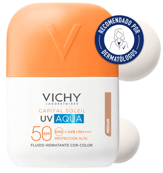Detalle 2 de Vichy UV Aqua Hydrating Fluid SPF50 Tono Medio (50 ml): protector solar facial con color e hidratación