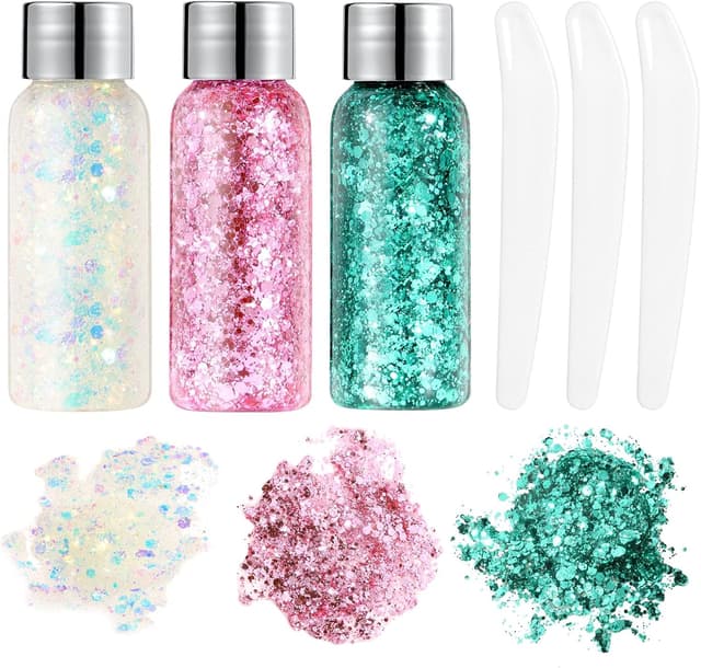 Detalle de Gel à paillettes URAQT « Mermaid » pour le corps et les yeux (blanc + rose + vert)