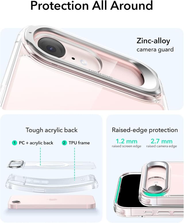 Detalle de ESR MagSafe case for iPhone 17e/16e with built-in stand and military-grade drop protection (clear)