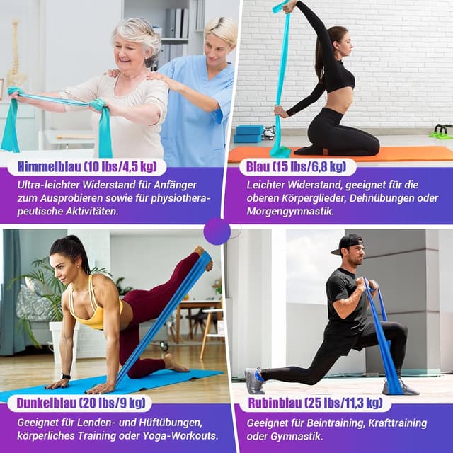 Detalle 2 de COFOF Fitnessbänder 4er-Set (4 Widerstandsstufen) für Yoga, Pilates & Rehabilitation