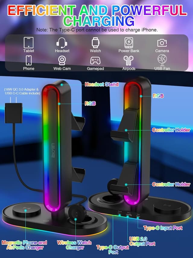 Detalle de RGB Headset Stand with Wireless Charger (8-in-1 Charging Station) with 20W PD Adapter