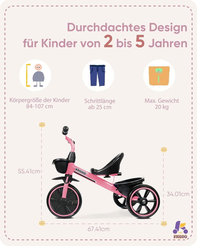 Detalle de KRIDDO Dreirad ab 2 Jahren für Kinder (24 Monate bis 5 Jahre) – Lauflernhilfe, rosa