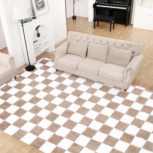 Detalle 2 de Toohub Super Soft 6x9 Ft Beige and White Checkered Shaggy Area Rug (Non-Skid, High Pile)