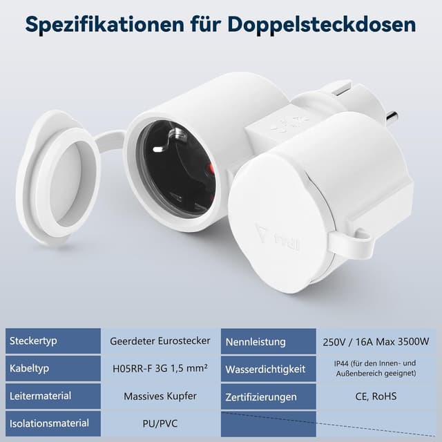 Detalle de BOSYTRO Doppelstecker für Steckdose Adapter (IP44, geerdet) – 2-Ausgänge für Innen- und Außenbereich