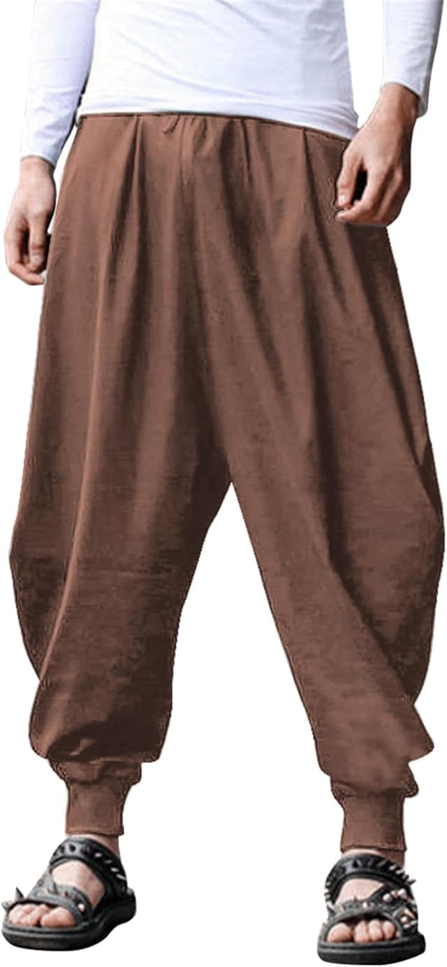Detalle de COOFANDY Men’s Hippie Harem Pants in Linen-Cotton Blend for Yoga, Beach & Casual Wear