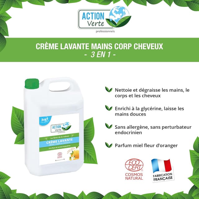 Detalle 2 de ACTION VERTE – Crème lavante 3 en 1 (mains, corps & cheveux) 5L, parfum fleur d’oranger et miel, formule Ecocert