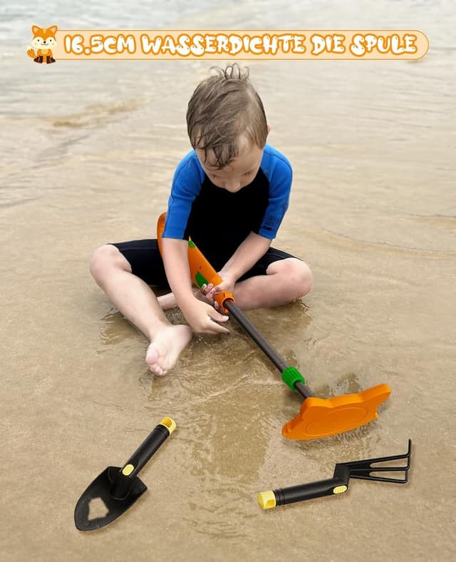 Detalle 2 de Kinder-Metallldetektor OKESAM mit einstellbarem Schaft (30–38 Zoll), Suchspule mit Fuchs-Motiv, Set mit Schaufel und Rechen